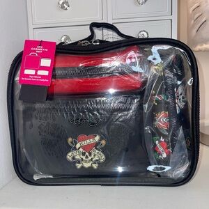 NWT Ed Hardy Skull Design Cosmetic Bag Set - Red and Black 4 pc set